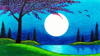 How to Draw Beautiful Moonlight Over the Lake Scenery  Oil Pastels Scenery Drawing [upl. by Mussman]