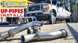 2001 F350 73  RiffRaff UpPipes Install  Stock up pipes leaking and falling apart JUNK SP [upl. by Carr876]