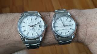 Omega Seamaster Aqua Terra white dial 8500 415mm vs quartz 385mm sidebyside handson comparison [upl. by Heurlin853]