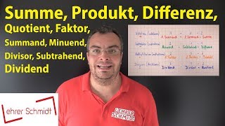 Summand Summe Minuend Subtrahend Differenz Faktor Produkt Dividend Divisor Quotient [upl. by Levona749]