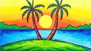 Scenery Drawing  Drawing Sunset Scenery Step by Step with Oil Pastels [upl. by Bushweller25]