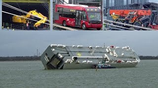 Damaged JCBs Buses amp Cranes Being Unloaded From The Salvaged Ship Hoegh Osaka [upl. by Llenaj]